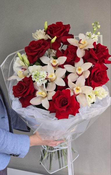 red roses white lilies Flame and Grace Red Rose with White Orchids – Luxe Flower Box