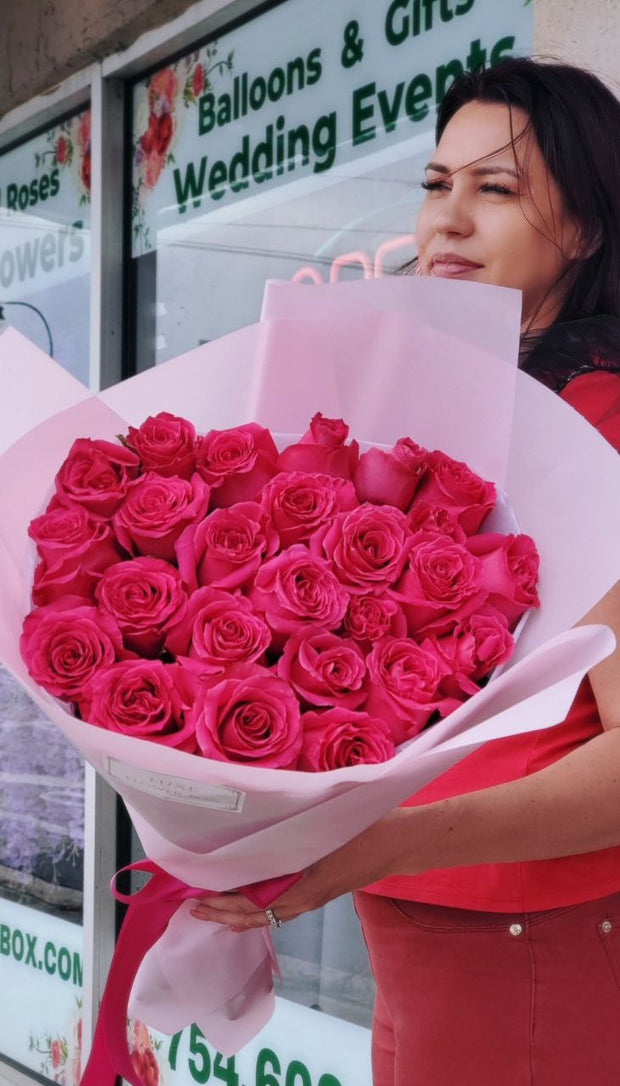 Vibrant hot pink roses in full bloom, showcasing their bold and elegant beauty