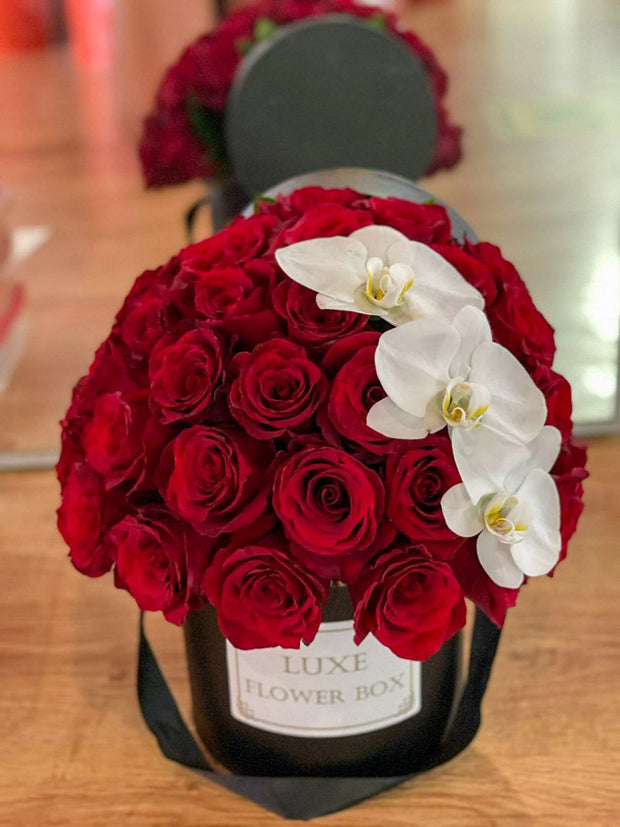 Roses in a Box with Three Phalaenopsis Orchids
