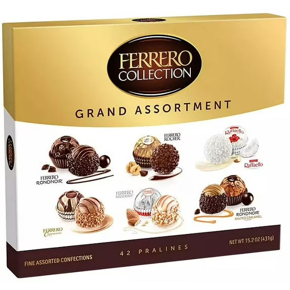 Ferrero Collection Grand Assortment packaging with various Ferrero Rocher chocolates 