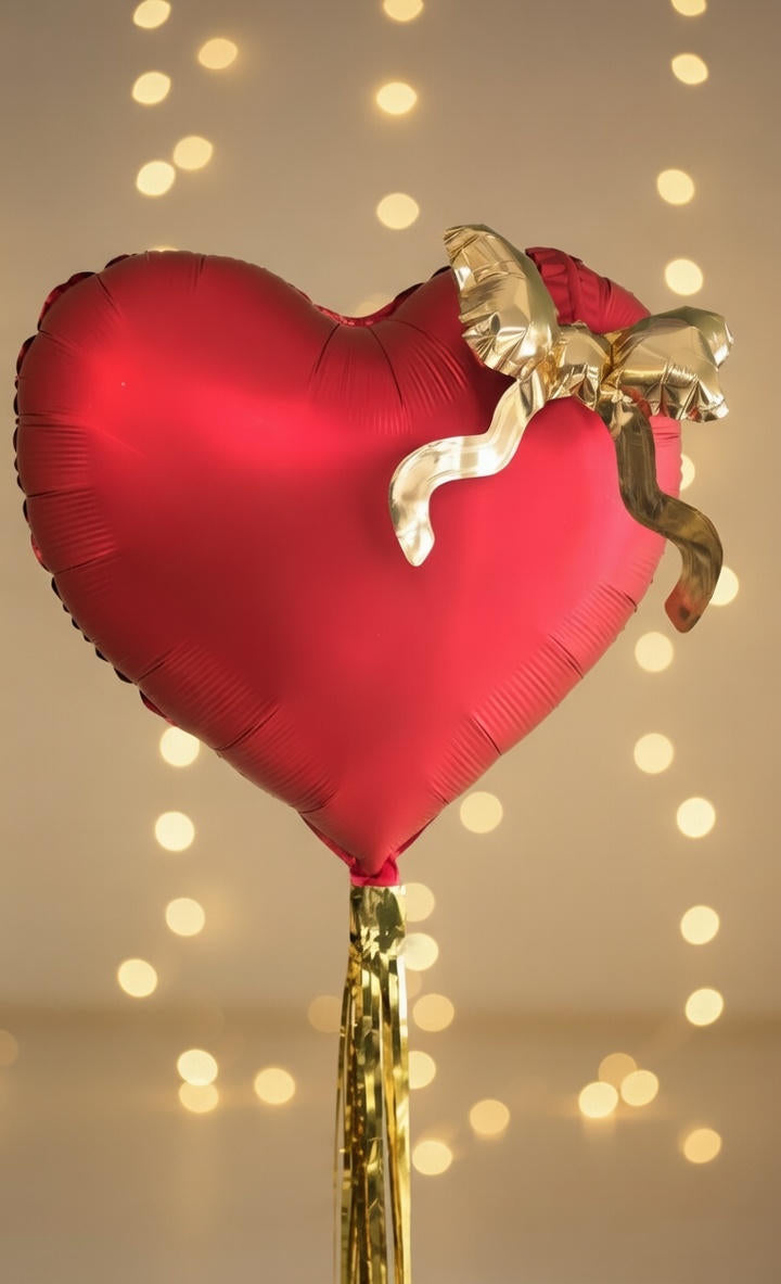 Red heart-shaped balloon with a gold ribbon against a blurred light background