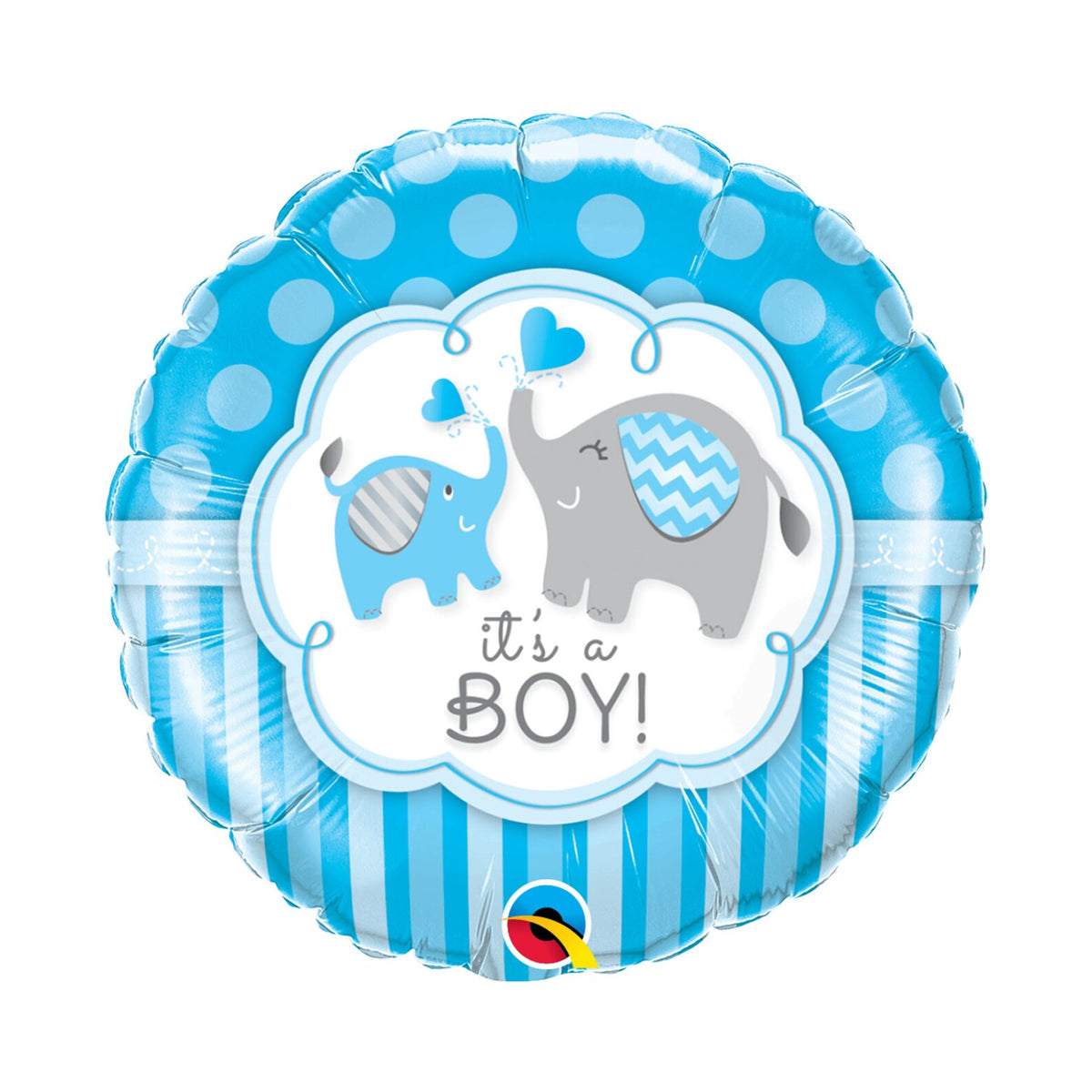 Balloon with blue and gray elephants and 'it's a boy!' text on a white background