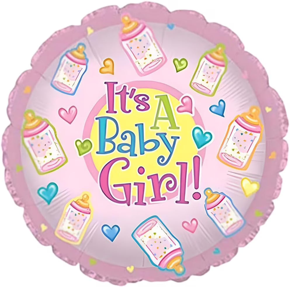 Pink balloon with 'It's a Baby Girl!' text and baby bottle designs on a white background