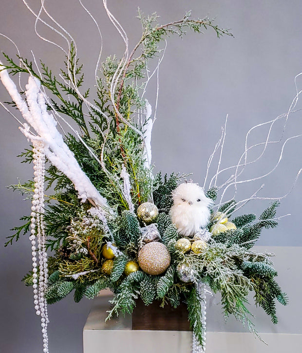 White Owl in Winter Christmas table arrangement