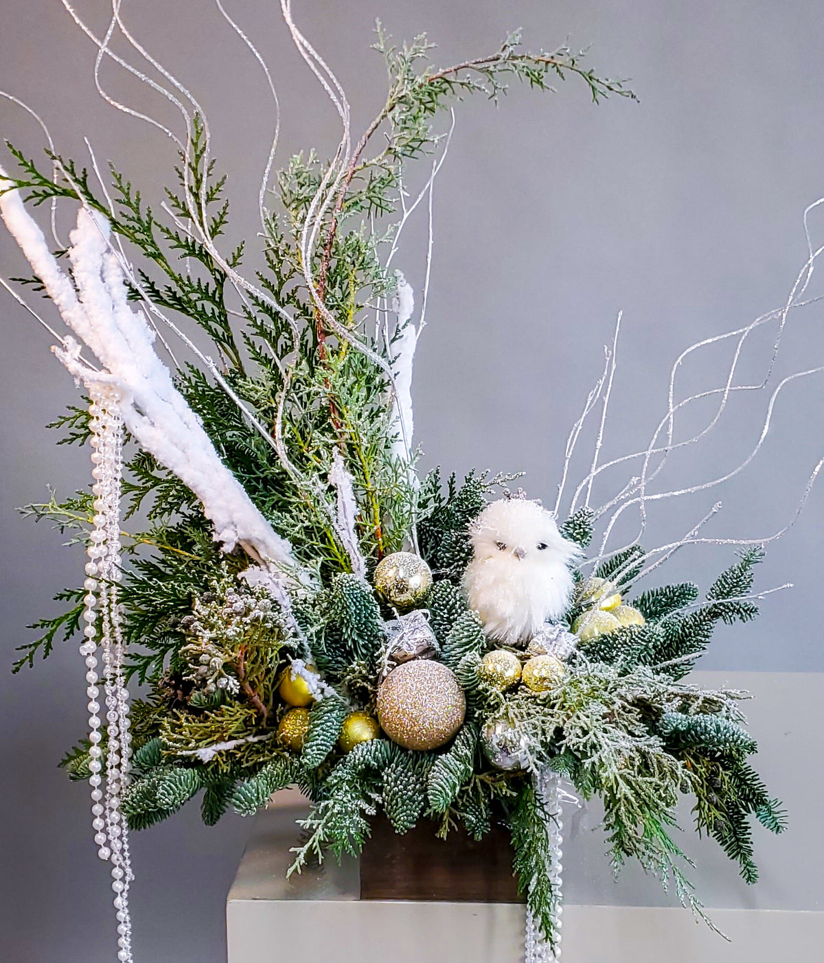White Owl in Winter Christmas table arrangement