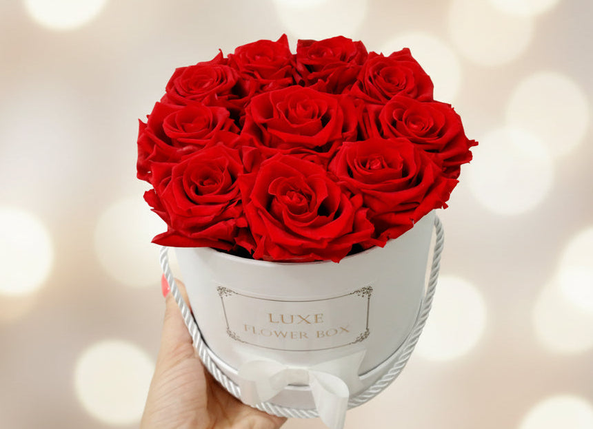 A small round box filled with red preserved roses, branded by Luxe Flower Box.