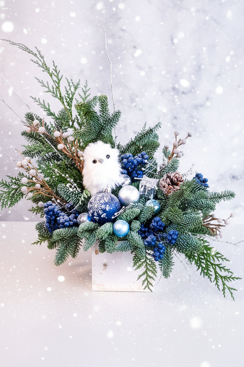 White Owl Christmas table arrangement