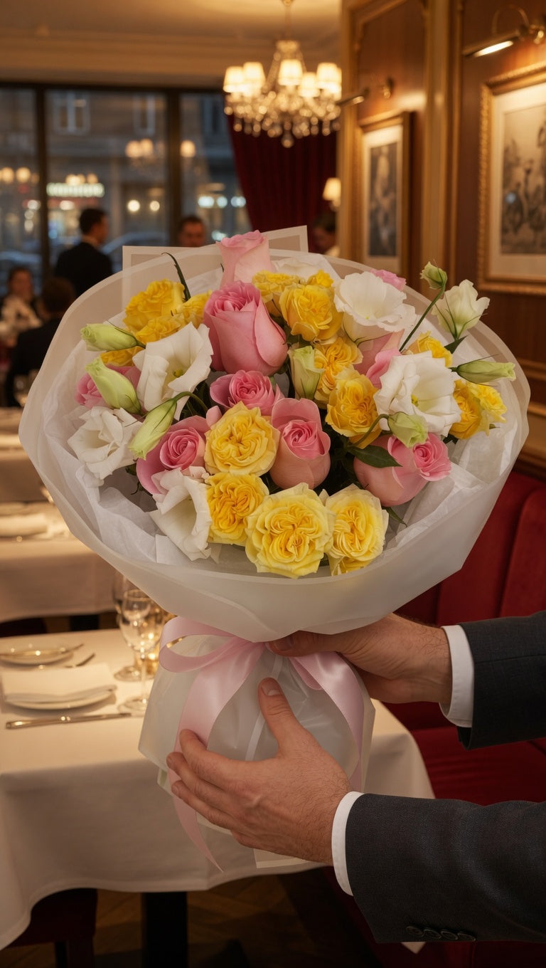 Blushing honey pink roses, garden spray roses, lisianthus