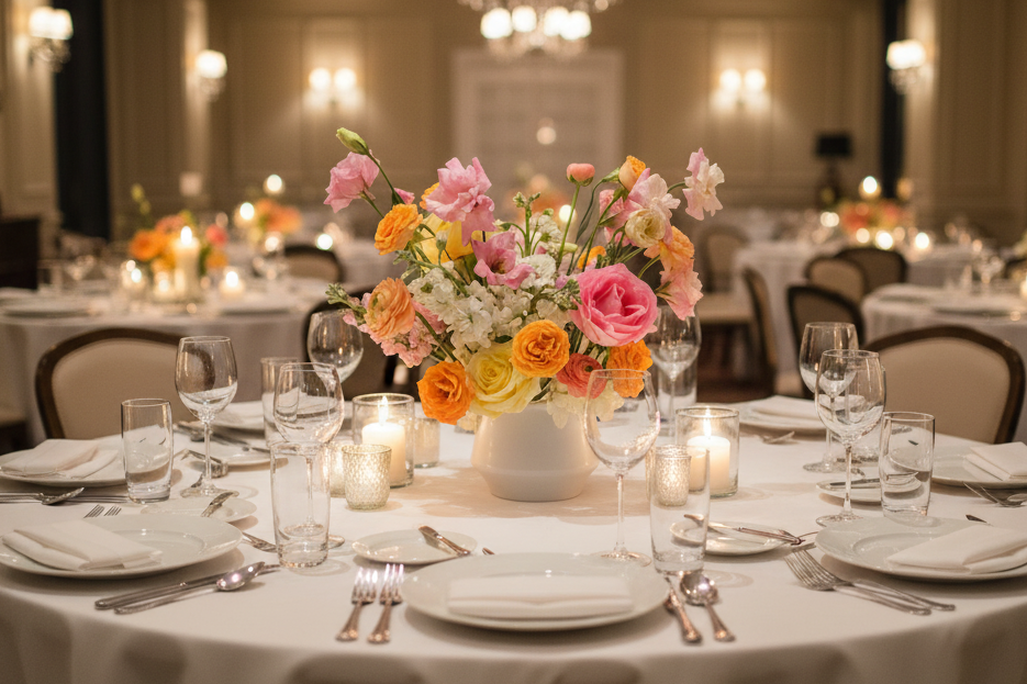 Elegant dining room with tables set for a meal, featuring a floral centerpiece.