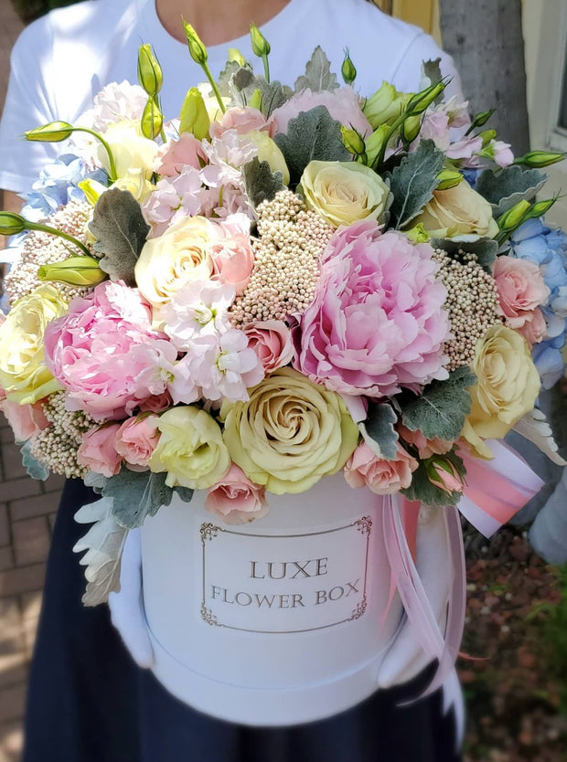 "Soft Pastel Palette"   Arrangement Roses, Peonies in Round Box